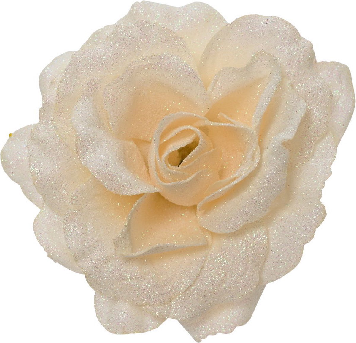Kerst roos op clip glitter 12cm - cream
