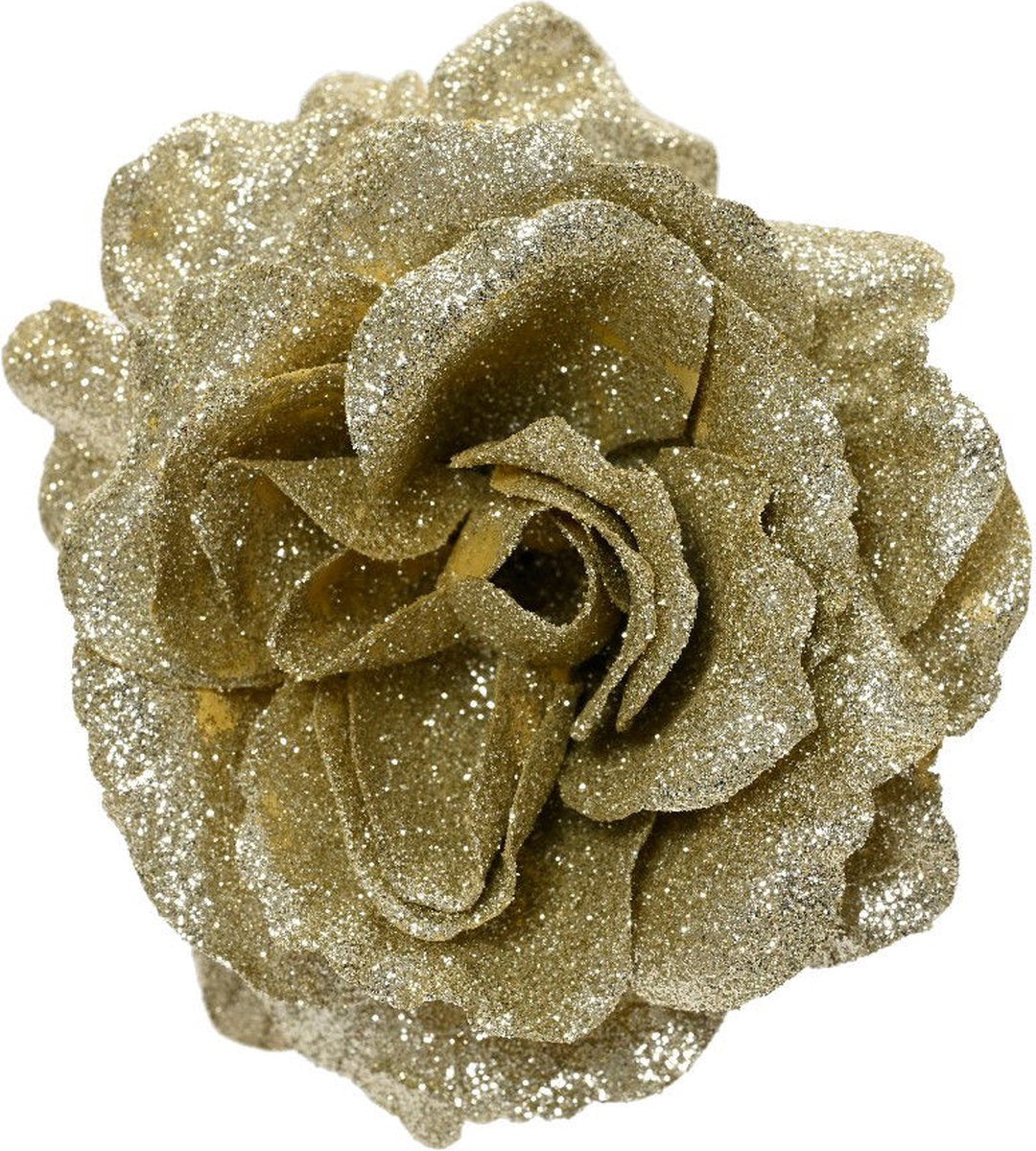 Kerst roos op clip glitter 12cm - champagne