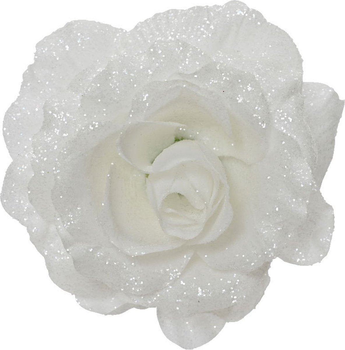 Kerst roos op clip glitter 12cm - wit