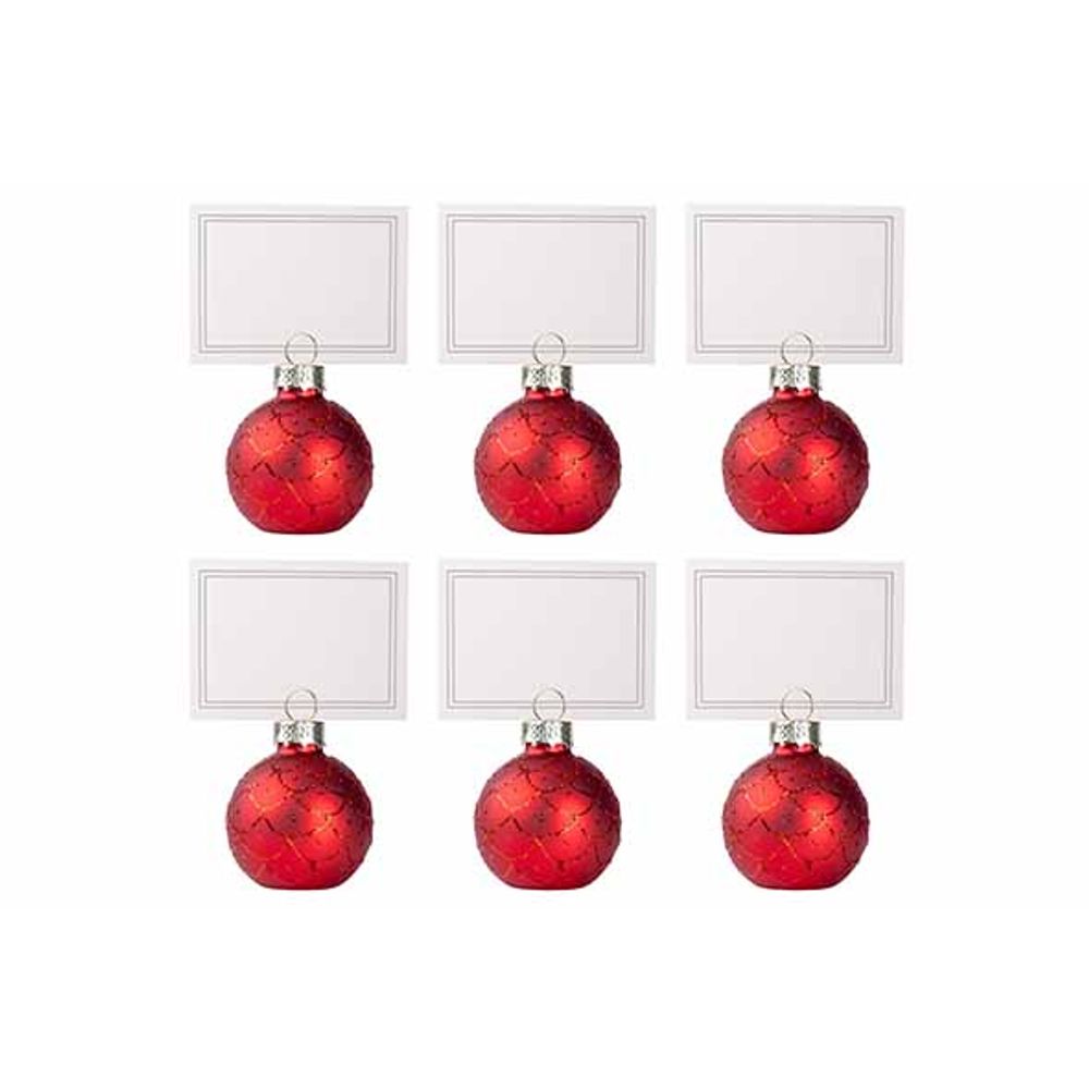 Kerst kaarthouder glas set/6 4cm - rood