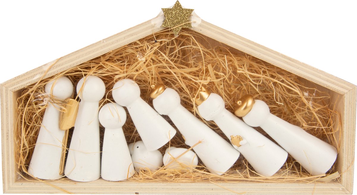 Kerststal hout set/10 24x12.5x3cm - wit