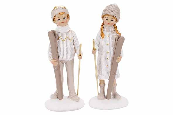 Kerstdeco skier polyresin 7x5x17cm - greige/creme - ass. (prijs per stuk)