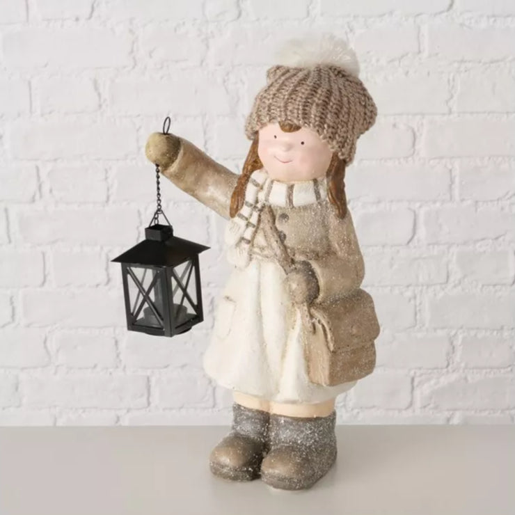 Kerstdeco Charlie meisje met lantaarn 40cm - beige