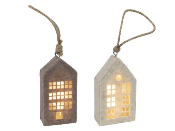 Huis hanger beige/bruin vilt led 14,5cm
