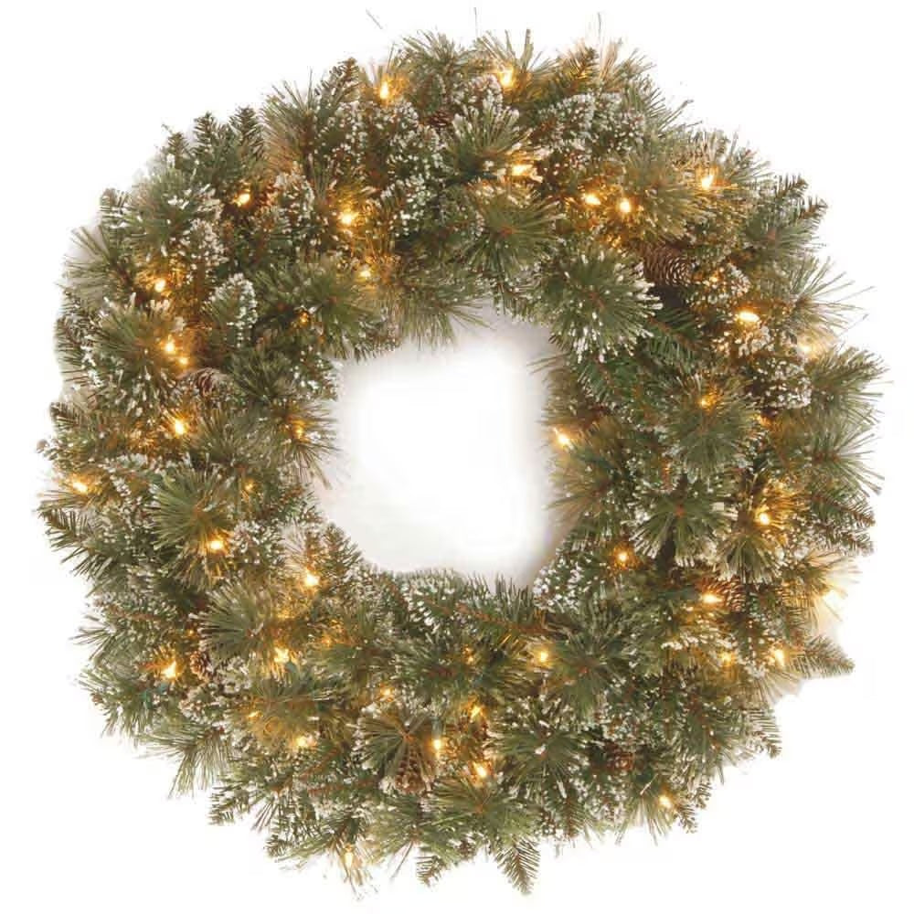 Kerst Glittery Bristle wreath 15 cones - 76cm with 50 LED