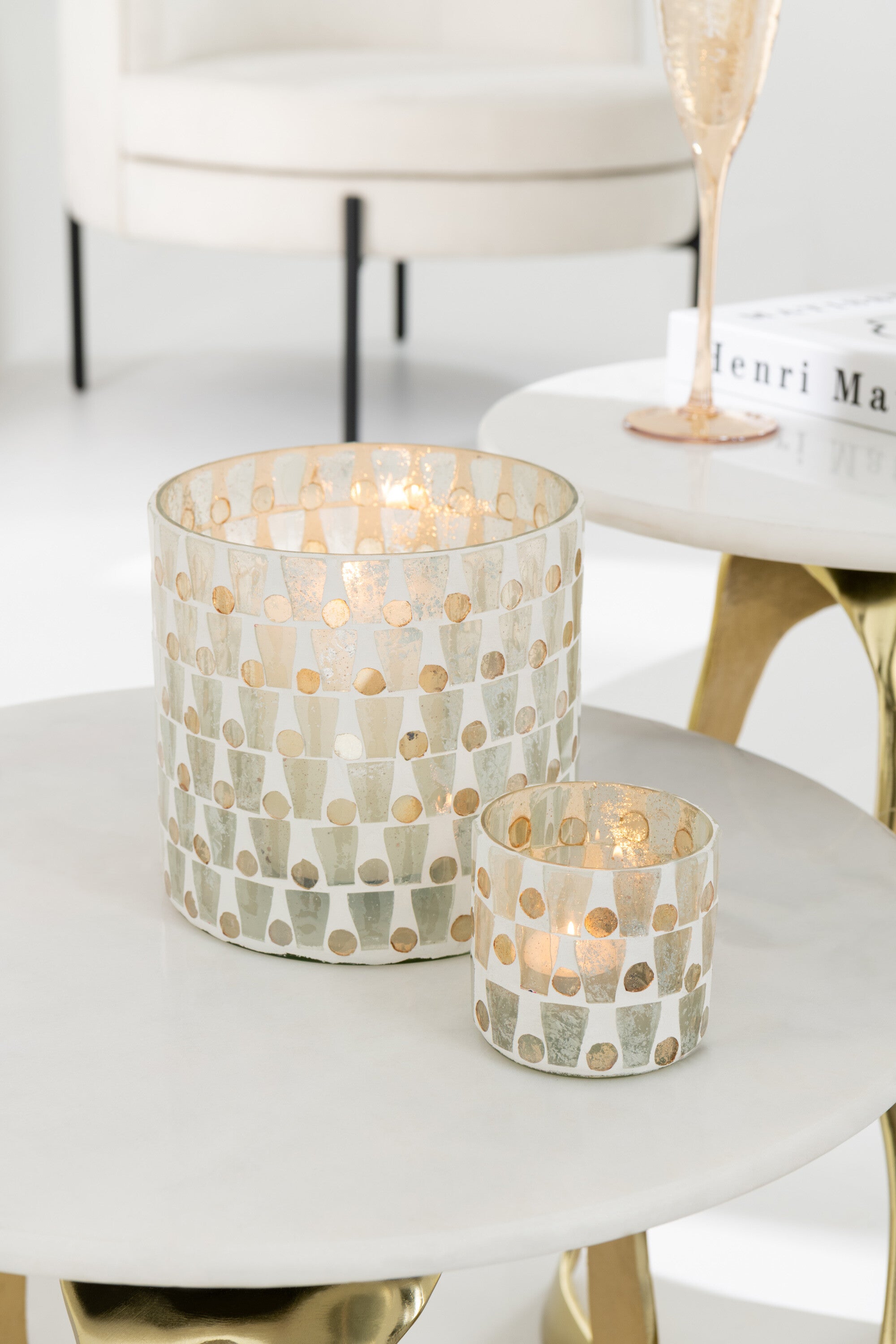 JLINE Theelichthouder cilinder - M 10x10x10cm - wit/ goud