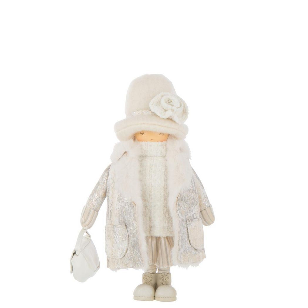 JLINE Decofiguur meisje met tas - S 18x10x30cm - gebroken wit