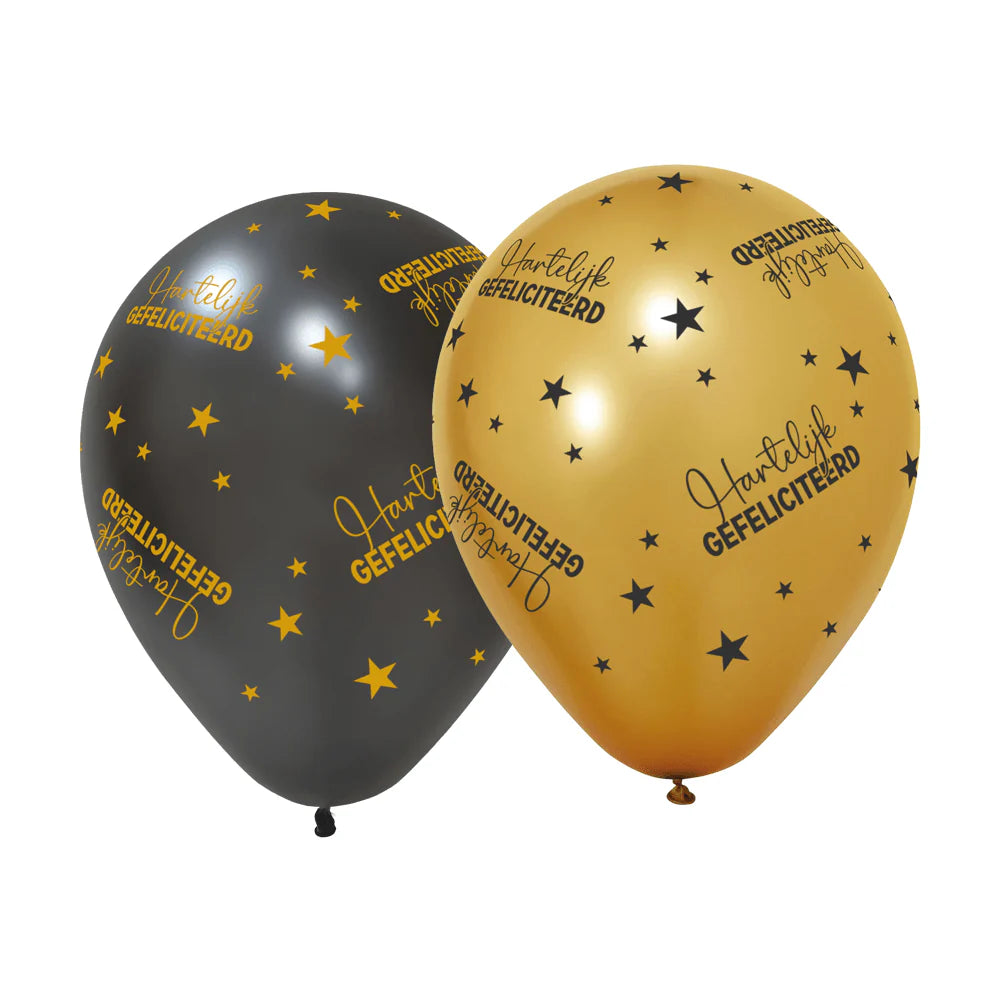 FIESTA 6 Ballonnen 12" 3 met.goud /3 zwart - Hartelijk Gefeliciteerd -Golden Celebrations