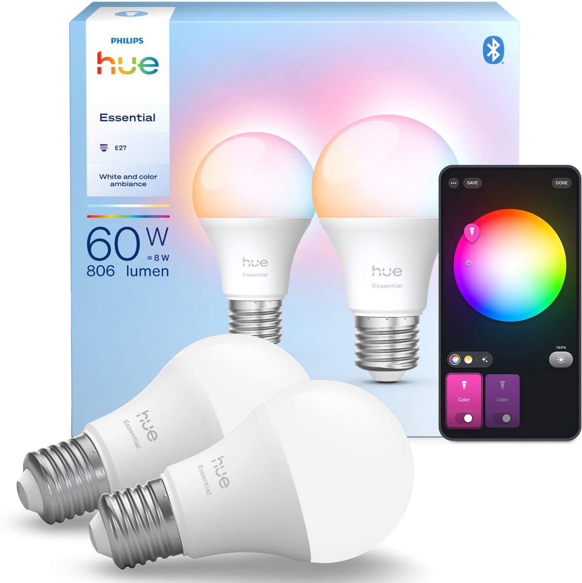 PHILIPS HUE Slimme lamp A60 E27 - 806 lumen - 8W - wit en gekleurd - set van 2