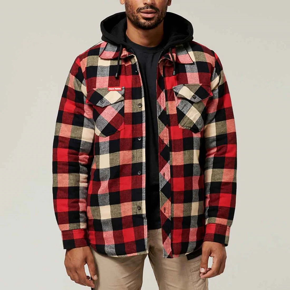 HARD YAKKA Quilted hemd m/kap flanel - XXL - Rood