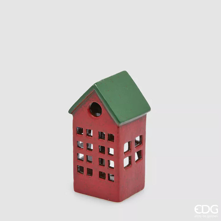 EDG Deco huisje theelichthouder - 14x6,5x6,5cm - rood/ groen