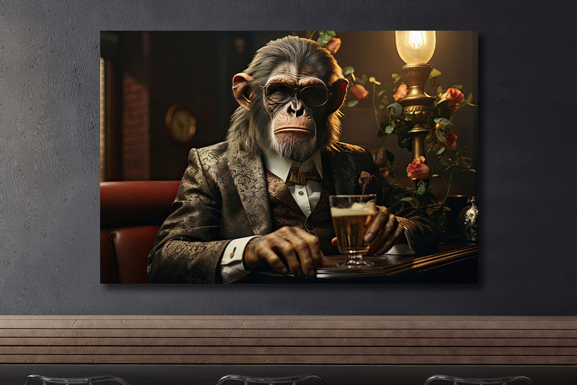 Glasschilderij aap aan de bar - 80x120cm