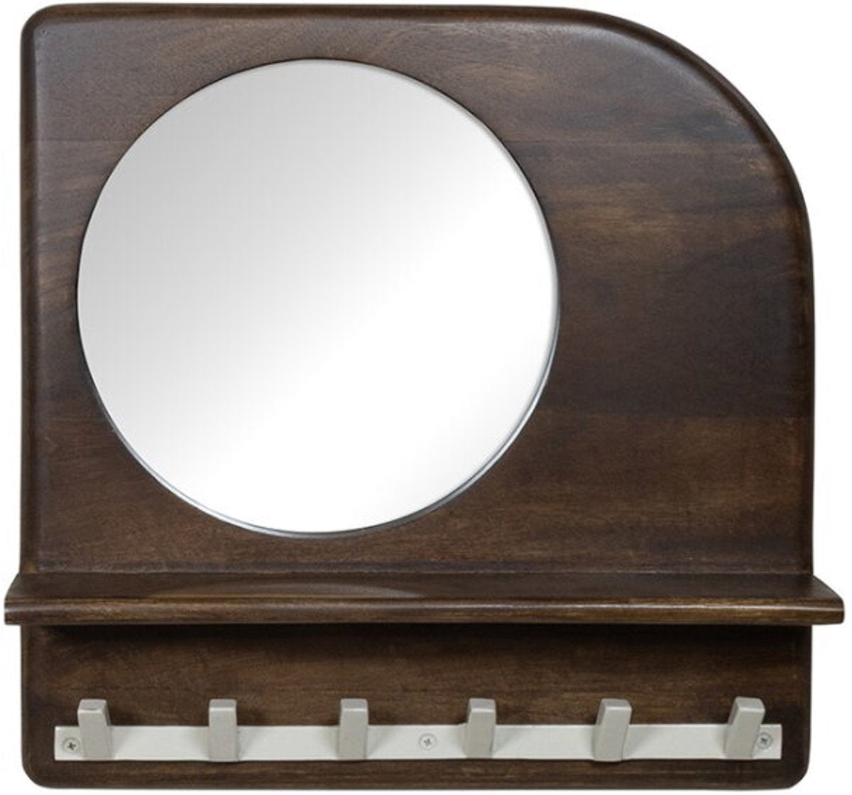 Curacao kapstok met 6 haken en spiegel 45cm - manghout brown/ metaal beige