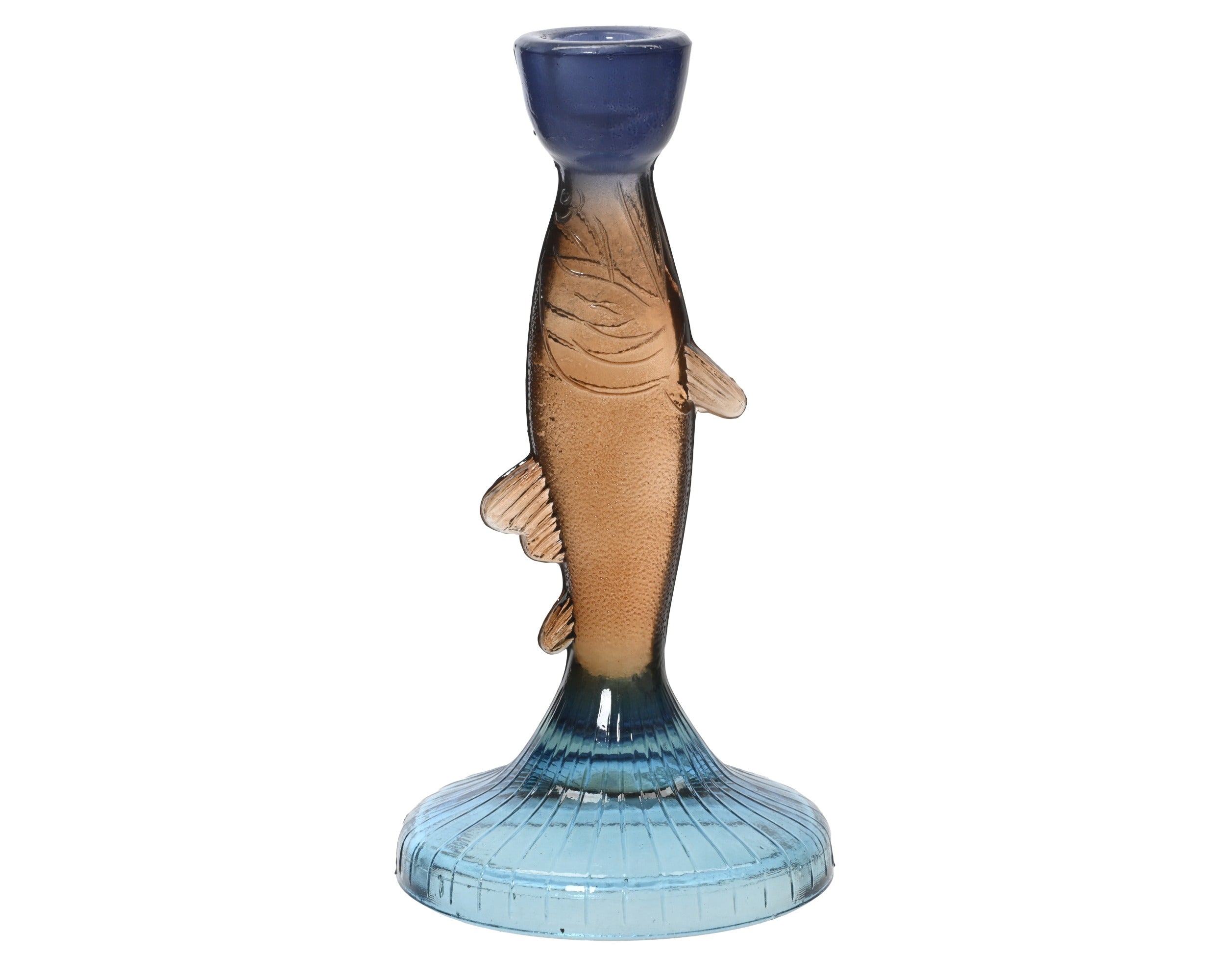 Kandelaar vis glas - 10,5x21cm - blauw/ oranje